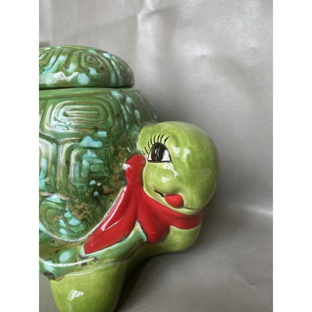 Vintage Ceramic Cookie Jar Tortoise Green Red Scarf Signed